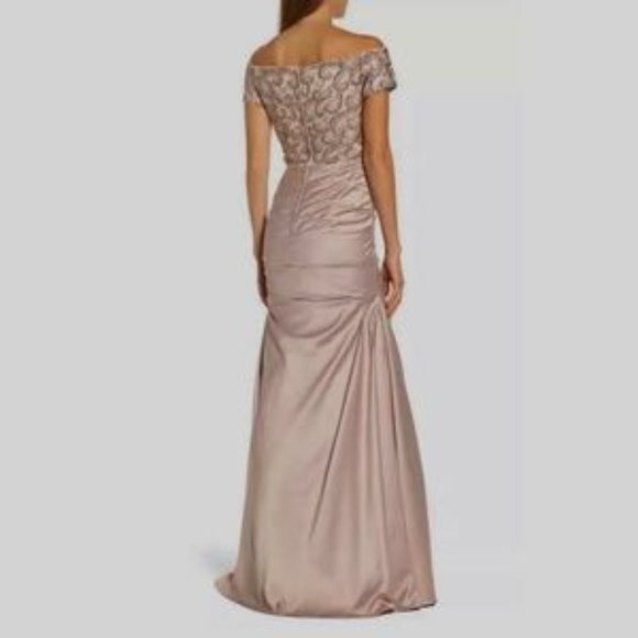 La Femme Champagne Off Shoulder Beaded Satin Trumpet Gown - Size 16 - Picture 2 of 7
